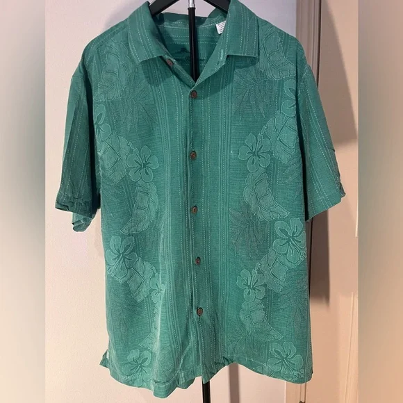 Tommy Bahama Bali Border Teal Floral Jacquard Short Sleeve Silk Button-Up Shirt - Picture 2 of 7